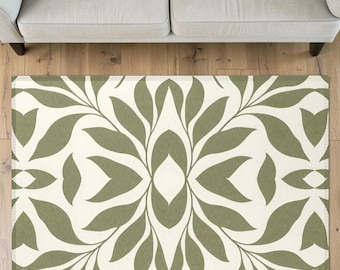 Modern botanisch vloerkleed, neutraal groen bladtapijt, boho minimalistisch interieurtapijt