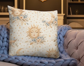 Cojín Boho Sol y Luna, Cojín Celestial, Cojín de Estética Neutra, Decoración Boho Caprichosa, Decoración para el Hogar Sol y Luna
