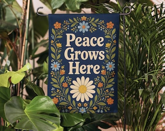 Peace Grows Here-tuinvlag, bloemen Peace Yard-vlag, boho-volkskunst buitendecor, Cottagecore-vlag veranda