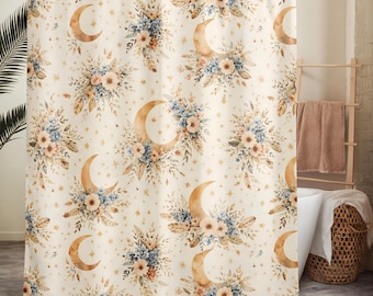 Cortina de ducha Boho Floral Moon, decoración de baño de estética neutra, cortina de ducha Boho de flores silvestres, cortina de baño celestial