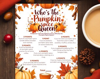 Pumpkin Spice Queen – Afdrukbaar herfstfeestspel | Vrienden geven, herfstfeest, koffie-avondactiviteit | Directe digitale download pdf