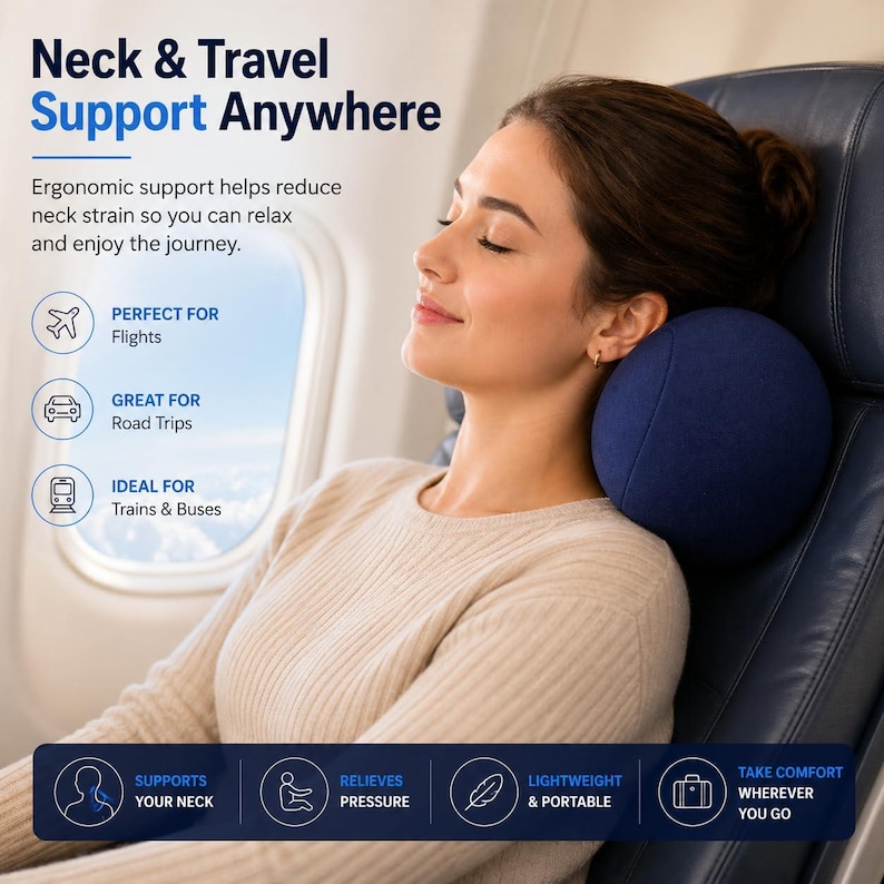 Almohada de viaje con forma de bola, almohada cervical de microesferas para vuelos, almohada compacta para viajes en avión, almohada para mochileros, cojín para viajes en coche imagen 3