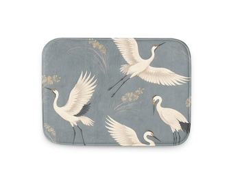 Witte kraanvogel badmat, kustthema badkamerkleed, blauwe vogel badmat van traagschuim, Japandi badkamerdecoratie, badkamer in strandhuisstijl