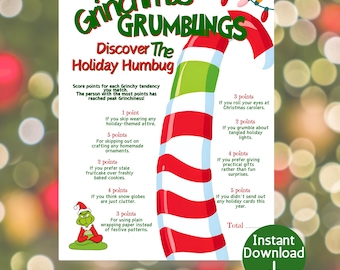 Juego imprimible de quejas del Grinch / Descubre tu nivel de malhumor navideño – Actividad para la fiesta de Navidad