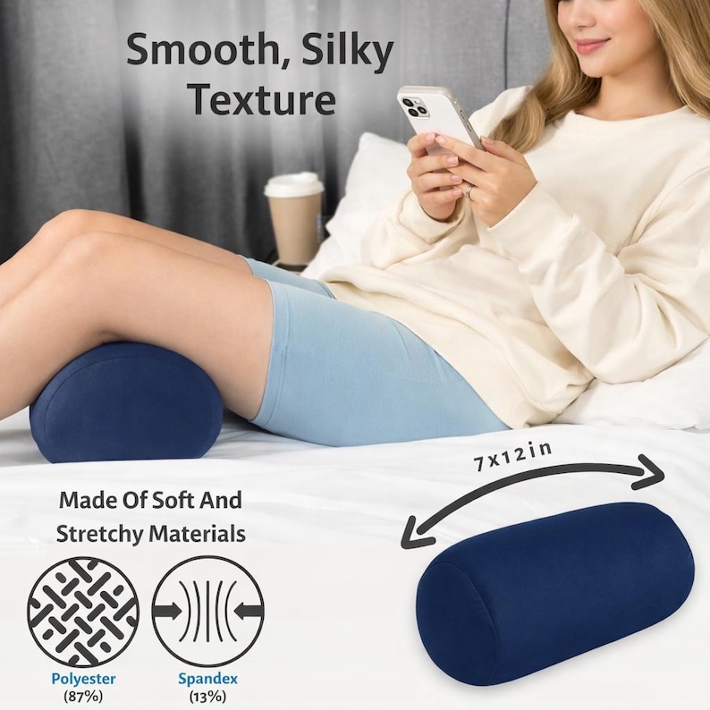 May include: A navy blue cylindrical pillow, 7 x 12 inches, made of soft, stretchy materials. The pillow is composed of 87% polyester and 13% spandex. The text on the image reads "Smooth, Silky Texture" and "Made Of Soft And Stretchy Materials."