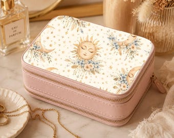 Boho Zon Maan Sieradendoos | Hemelse Bloemen Reis Sieradendoos | Organizer met Dubbele Rits | Verjaardagscadeau voor haar | Cadeau voor bruidsmeisjes