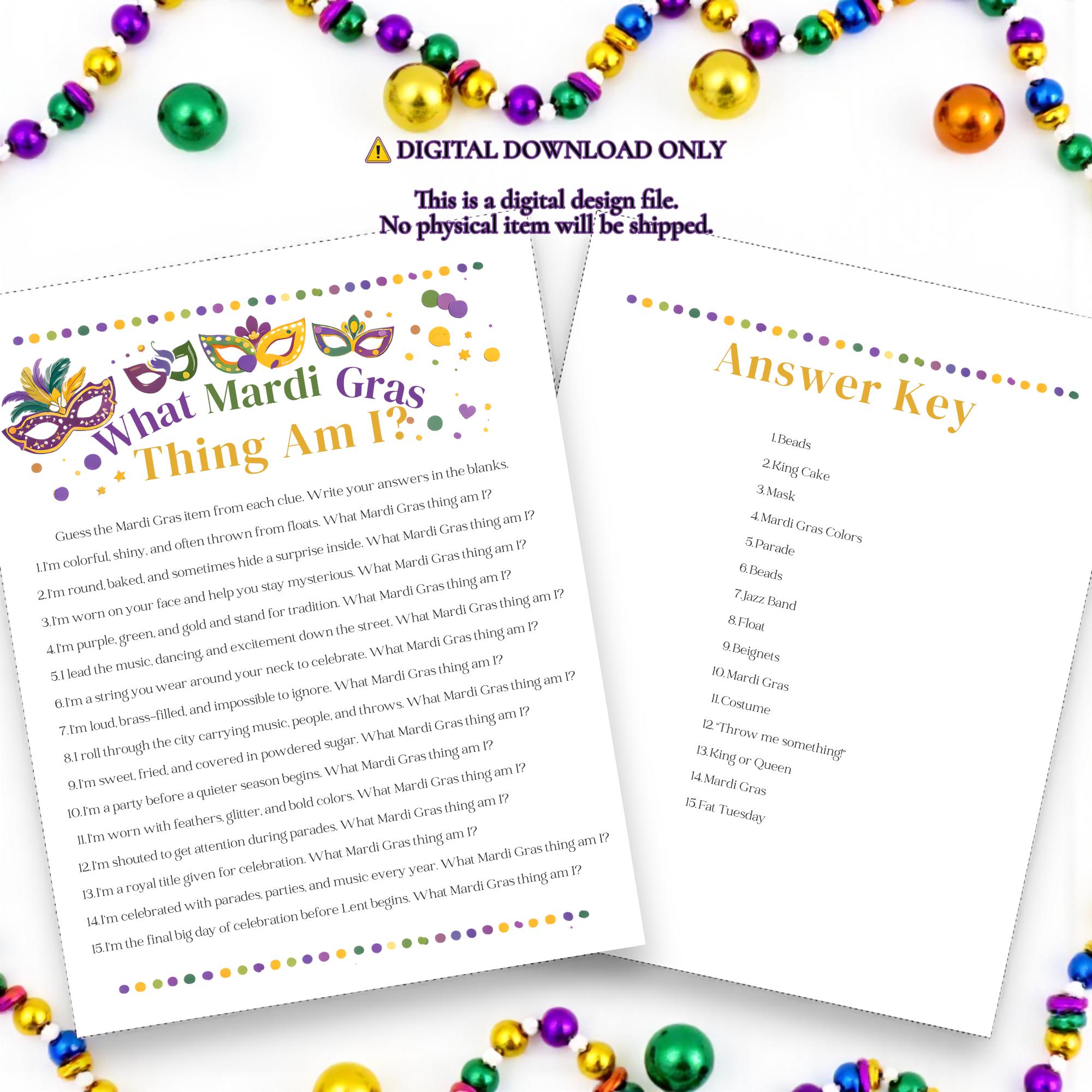 What Mardi Gras Thing Am I? Printable Party Game | Mardi Gras Activity ...