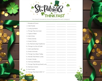 Juego imprimible "Piensa rápido" del Día de San Patricio / Juego de fiesta irlandés para adultos y niños / Actividad para el aula del Día de San Patricio / Descarga instantánea