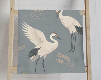 Handdoek met witte kraanvogel, badkamerdecoratie met kustvogelmotief, blauwe keukendoek met botanische print, handdoek met Japanse kraanvogel, badkamercadeau met kustthema