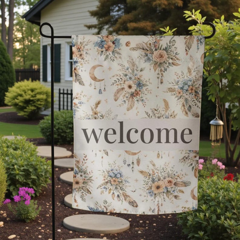 Boho Floral Welcome Garden Flag | Celestial Moon Yard Flag | Neutral ...