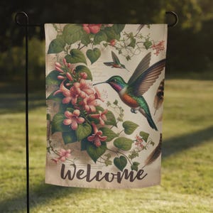 Kolibri Gartenfahnen - Dekorative Gartenfahnen für den Frühling und Sommer, Hibiskusblüten