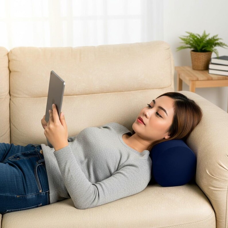 May include: A woman is lying on a beige sofa, holding a tablet. A navy blue cylindrical pillow supports her neck. She wears a gray long-sleeved shirt and blue jeans. A small wooden side table with a potted plant is visible in the background.