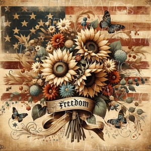 May include: A bouquet of sunflowers, other flowers, and greenery tied with a ribbon that says "Freedom". The bouquet is set against a faded American flag background.