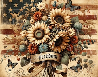 Etiqueta colgante con diseño de girasoles de la bandera de la libertad, imprimible, digital, con efecto desgastado, para decoupage, adorno en lienzo de 8 x 10 pulgadas, descarga instantánea - Granja primitiva