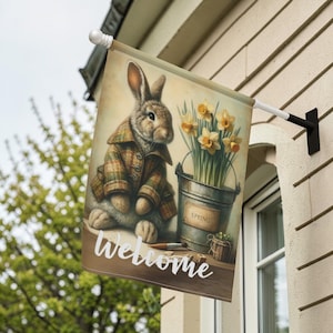 Primitive Spring Bunny House Banner, Vintage Farmhouse Easter Flag, Rustic Welcome Porch Decor 24.5x32