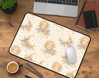 Boho Zon Maan Bureaumat | Hemelse Bloemen Bureaumat | Esthetische Muismat voor op kantoor | Neutrale Boho Werkplekdecoratie | Cadeau voor haar
