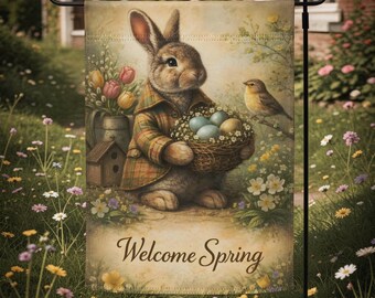 Vintage tuinvlag konijn, welkom lente buitenvlag, Cottagecore Easter Yard Decor, boerderij lente veranda decoratie