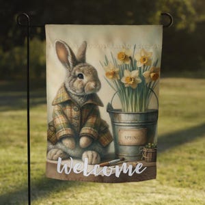 Primitive Frühlingshasen-Gartenfahne, Vintage Distressed Bauernhausdekor, rustikale Osteraußenfahne
