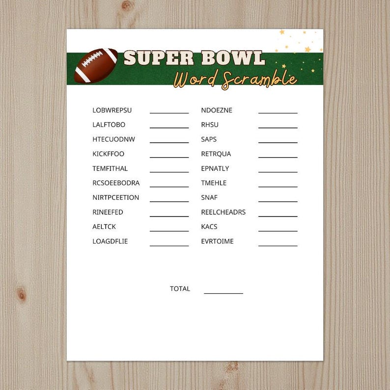 Super Bowl Word Scramble Game for Kids | Football Party Printable ...