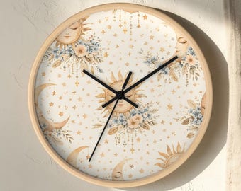 Boho hemelse wandklok, stille zon- en maanklok, houten wanddecoratie met bloemenmotief, hemels wooncadeau