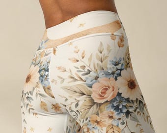 Boho bloemenprint yoga legging, esthetische workout legging, sportlegging met hoge taille, neutrale boho legging