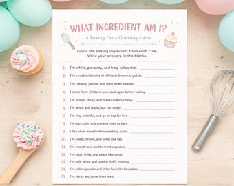 Welk ingrediënt ben ik? Afdrukbaar bakfeestspel, kinderkoken verjaardagsactiviteit, pdf-bestand raadspelletje chef-kokthema