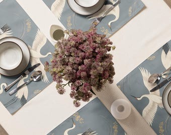 Set van 4 placemats met witte kraanvogels, tafeldecoratie in kuststijl, placemats met blauwe vogels, Japandi tafelsetting, keuken in strandhuisstijl