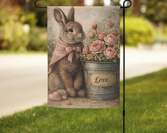 Tuinvlag Valentine Bunny, romantisch boerderijdecor, Cottagecore Rabbit-vlag, Pink Rose Love Yard-vlag