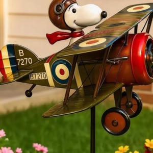 Molino de viento biplano Snoopy, el perro as de la aviación / Molinillo de viento metálico para jardín / Adorno original para patio / Decoración para exteriores