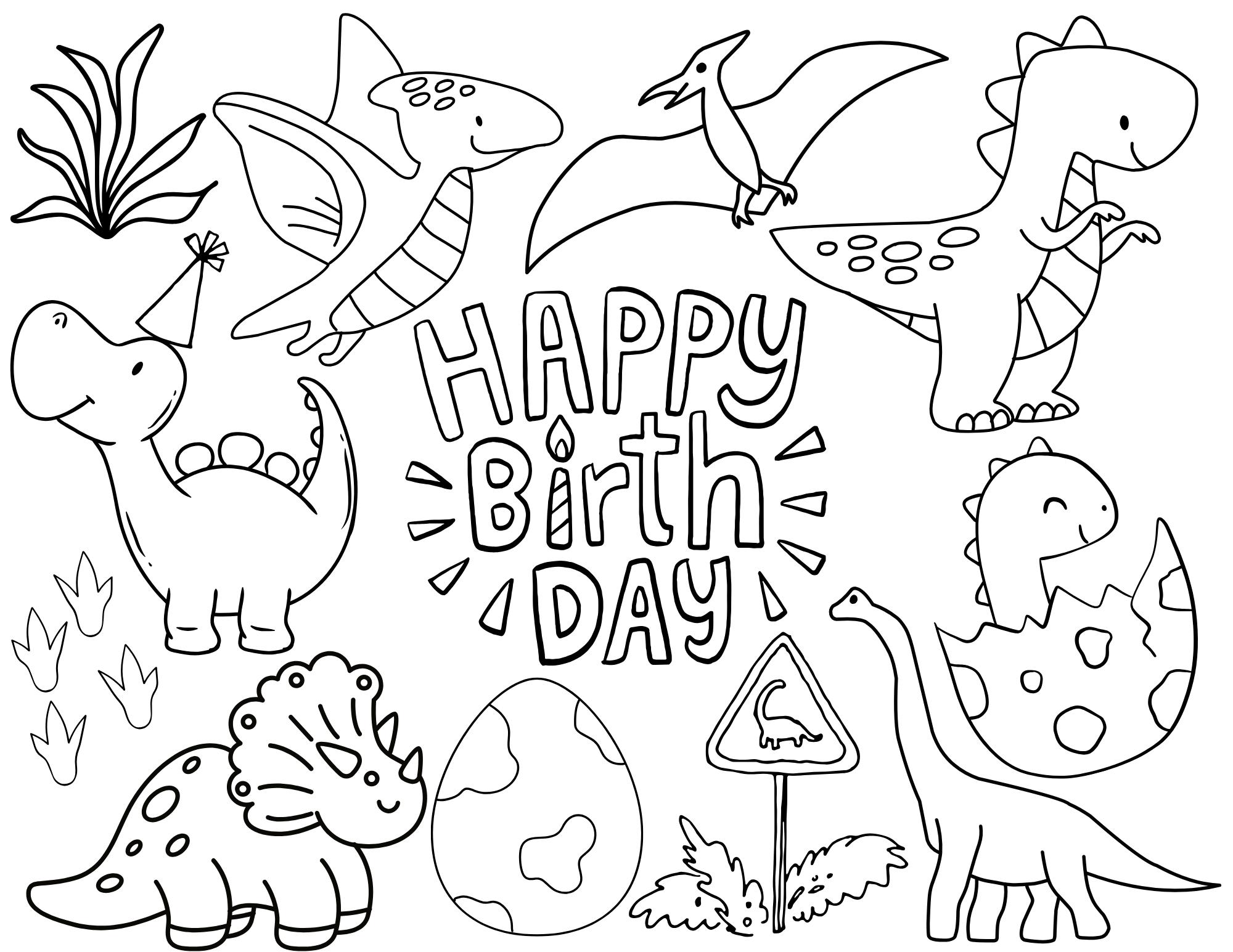 DIGITAL DOWNLOAD - Happy Birthday Dinosaur Coloring Page, Dinos, Color