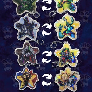 May include: Eight iridescent star-shaped keychains with different cartoon characters. Each keychain features a different character from the Five Nights at Freddy's franchise. The keychains are holographic and have a rainbow effect.