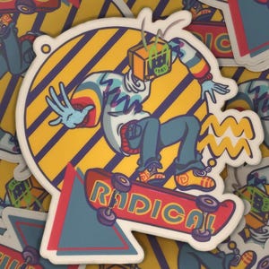 May include: A sticker featuring a cartoon character skateboarding with the word "RADICAL" on the skateboard. The character is wearing a white and blue striped shirt, blue pants, and a yellow and blue hat. The background is yellow with black stripes.