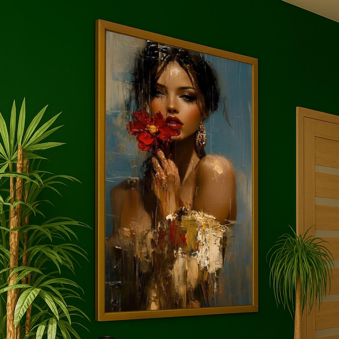 Elegant Woman With Red Flower Canvas Print – Contemporary Portrait Wall ...