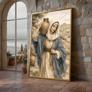May include: A framed print depicts a woman in a blue and white robe carrying a large brown jug on her shoulder. The artwork is set against a backdrop of a hilly landscape and a cloudy sky. The frame is gold.