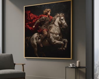 Op de afbeelding: Een ingelijste kunstdruk met een persoon met lang haar op een wit paard, gekleed in een versierd harnas en een wapperende rode cape. De scène is afgebeeld tegen een donkere achtergrond, waarbij het paard in een dynamische houding staat.