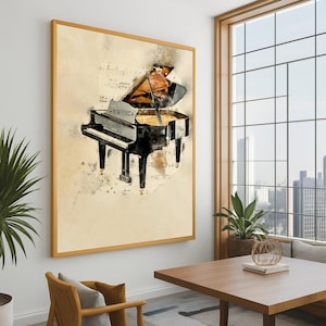 Op de afbeelding: Waterverfschilderij van een vleugel met open deksel, dat het interieur van het instrument laat zien. Het kunstwerk toont een zwarte piano met gouden accenten, tegen een beige achtergrond met muzieknoten. Het schilderij is ingelijst.