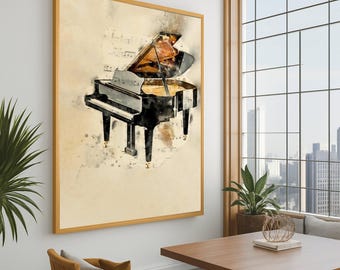 ダークグランドピアノの絵画、ドラマチックな素朴な音楽の壁アート