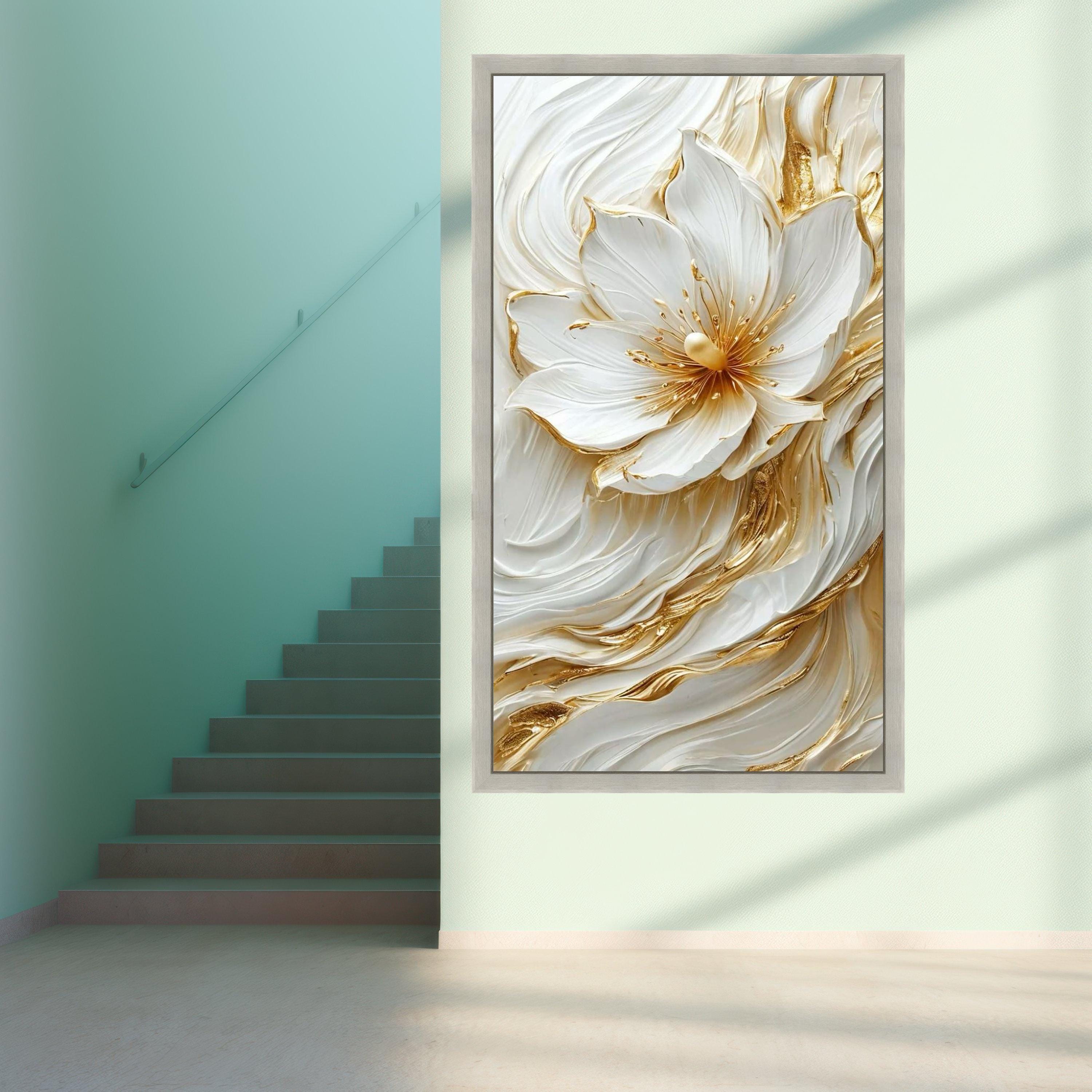 Elegant White and Gold Flower Canvas, Luxurious Floral Wall Art, Modern ...
