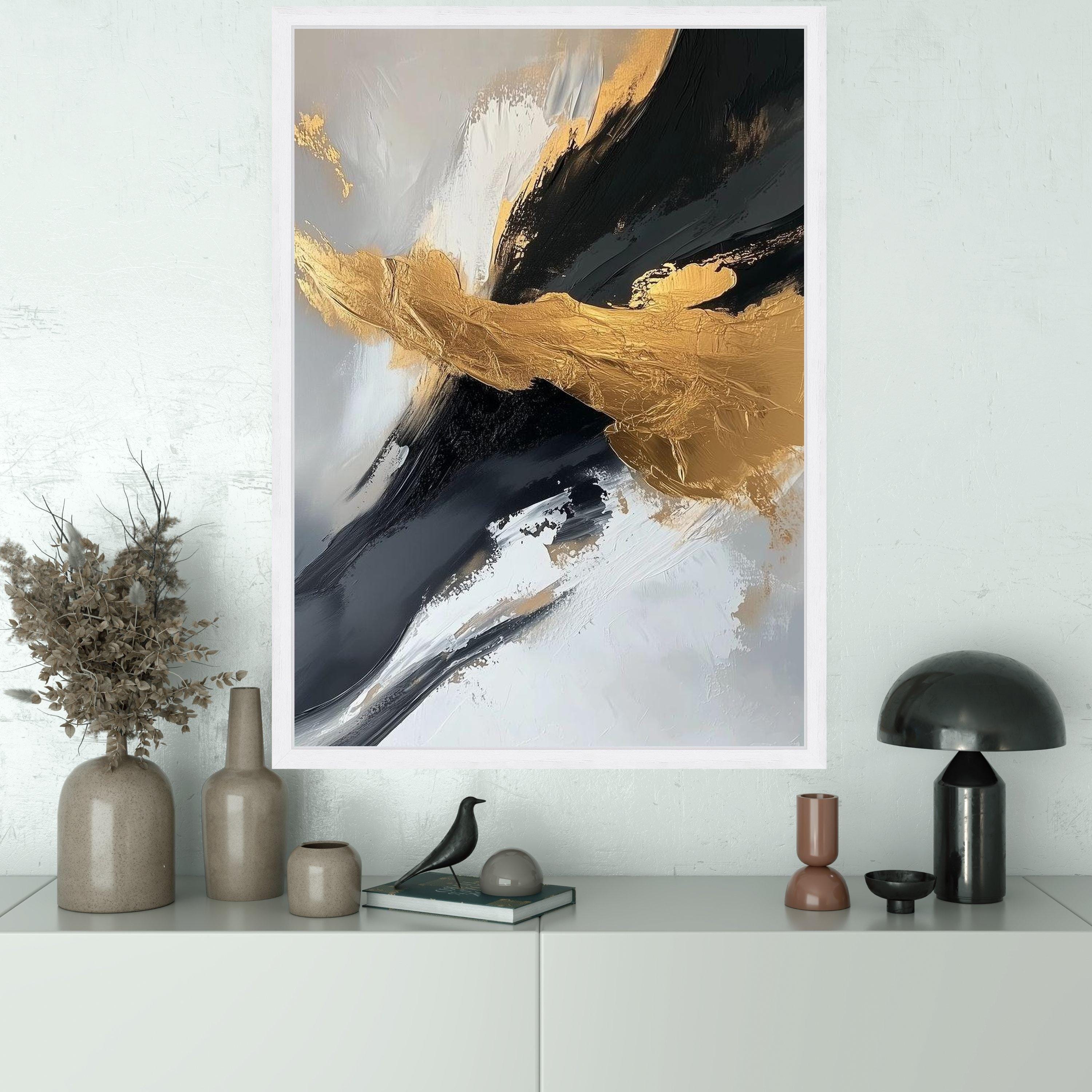 Modern Abstract Canvas Wall Art, Black and White With Gold Accents ...