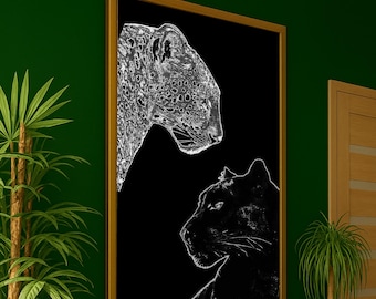 Canvastavla Leopard och panter – Väggdekoration med vilda djur, svartvit väggkonst redo att hängas, djurporträtt för modern heminredning