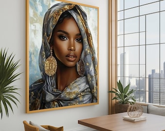 May include: A framed portrait of a woman with dark skin, wearing a gray headscarf with gold accents and large gold earrings. The artwork is displayed in a room with a large window overlooking a cityscape.