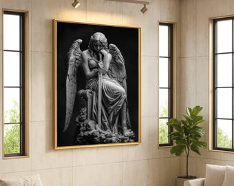 Guardian Angel Canvas Wall Art – Angel with Sword Sculpture Print, Spiritual Wall Decor, Grayscale Divine Protection Artwork
