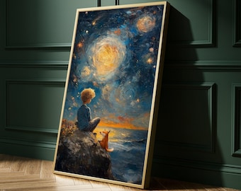 The Little Prince Canvas Print – Starry Sky Wall Art, Whimsical Book-Inspired Wall Decor, Boy and Fox Wall Decoration, Ready to Hang