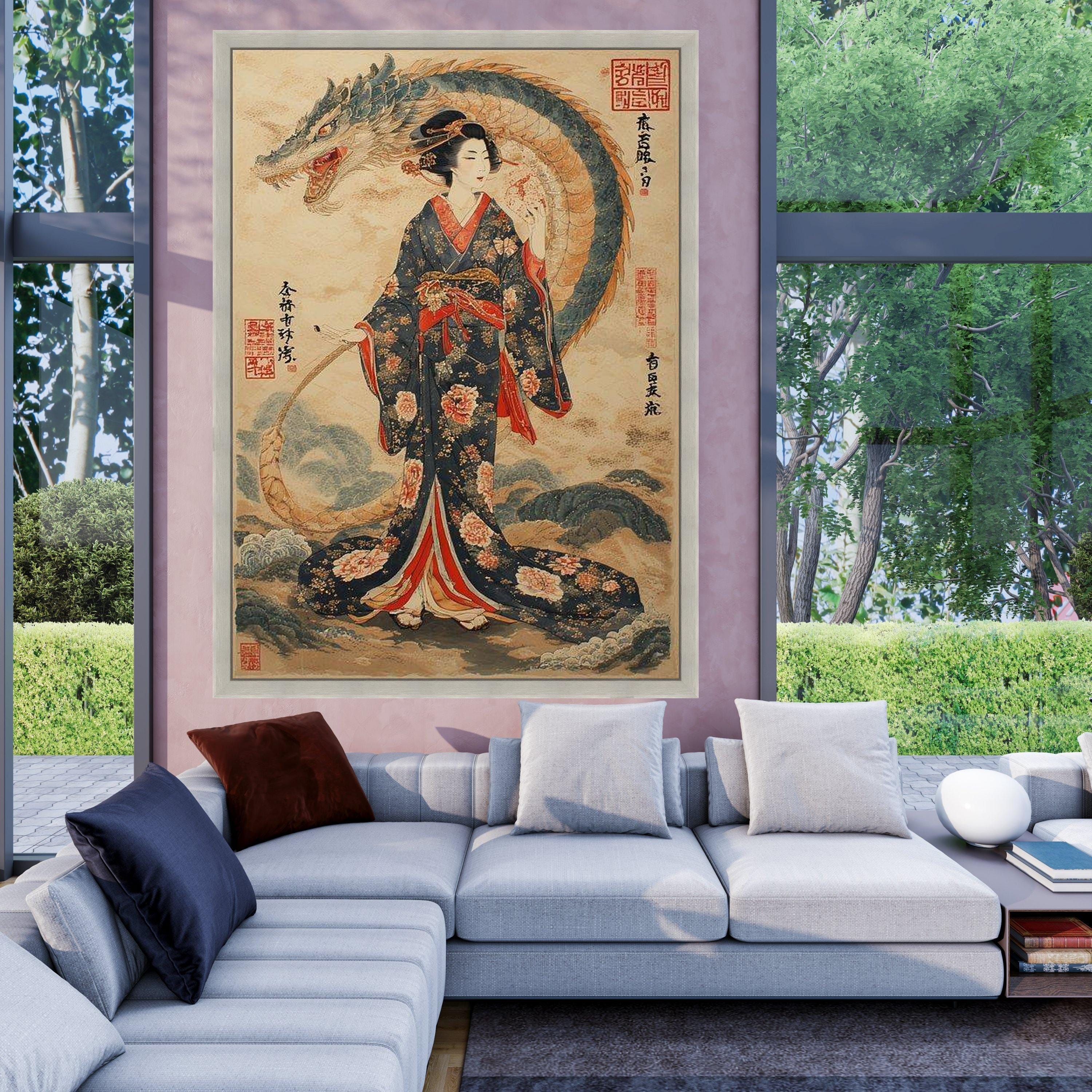Japanese Geisha and Dragon Canvas Print – Oriental Wall Decor – Elegant ...