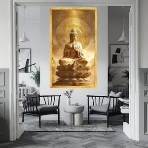 Golden Buddha Statue Canvas, Meditation Wall Art, Spiritual Zen Home Decor, Sacred Lotus Sculpture Canvas, Mindfulness Artwork image 2