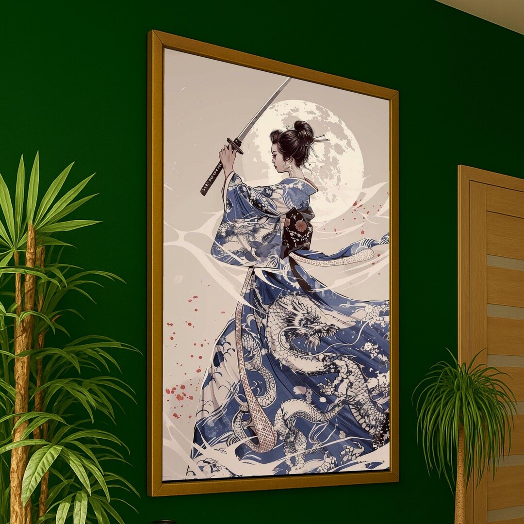 Samurai Woman With Dragon Kimono Canvas, Japanese Sword Wall Art ...