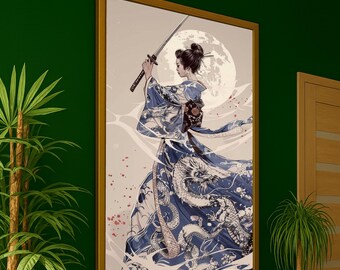 Samurai Woman with Dragon Kimono Canvas, Japanese Sword Wall Art, Moonlit Warrior Artwork, Asian Culture Canvas, Home Decoration