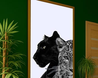 Canvastavla med porträtt av svart panter och leopard, väggkonst för vilda djur, duo-canvas med stor katt, dekoration av exotisk natur