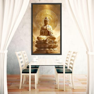 Golden Buddha Statue Canvas, Meditation Wall Art, Spiritual Zen Home Decor, Sacred Lotus Sculpture Canvas, Mindfulness Artwork image 3