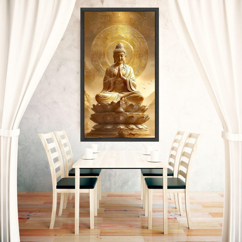 Golden Buddha Statue Canvas, Meditation Wall Art, Spiritual Zen Home Decor, Sacred Lotus Sculpture Canvas, Mindfulness Artwork image 3